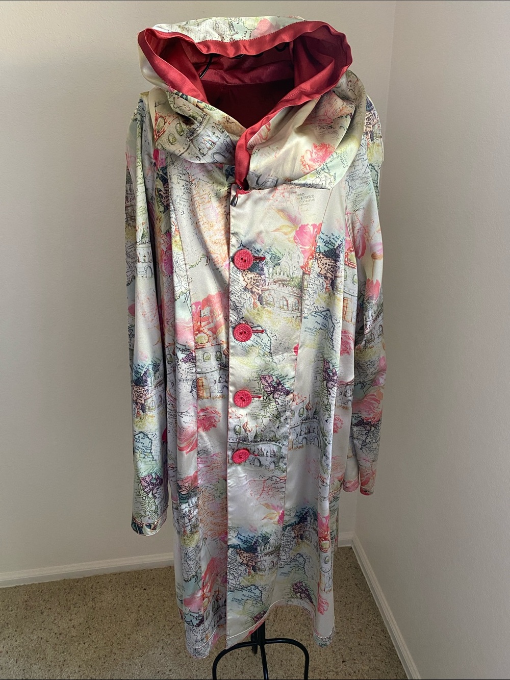 Women's Reversible Floral Print Hooded Satin Red Coat